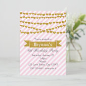 ピンクと白のストライプ金ゴールドハート招待状 招待状 (スタンド正面)