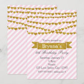 ピンクと白のストライプ金ゴールドハート招待状 招待状 (正面/裏面)