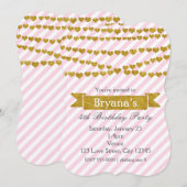 ピンクと白のストライプ金ゴールドハート招待状 招待状 (正面/裏面)