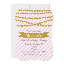 ピンクと白のストライプ金ゴールドハート招待状