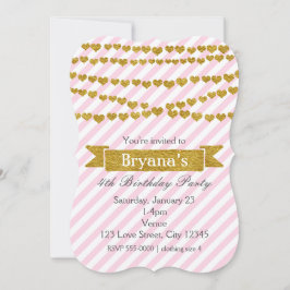 ピンクと白のストライプ金ゴールドハート招待状 招待状