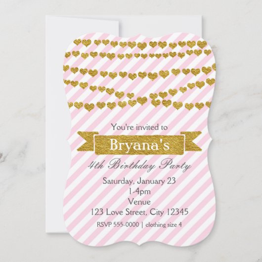 ピンクと白のストライプ金ゴールドハート招待状 招待状 (正面)