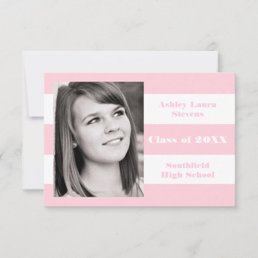 ピンクと白のストライプ- 3x5卒業発表 招待状 (正面)