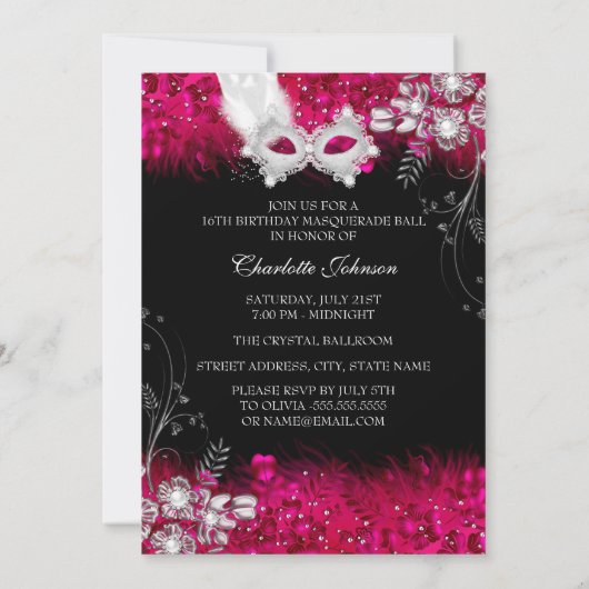 ピンクと白のスパークルマスクマスカレード甘い16 招待状 (裏面)