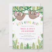 ピンクと白のスロスツインの女の子の誕生日パーティー 招待状 (正面)