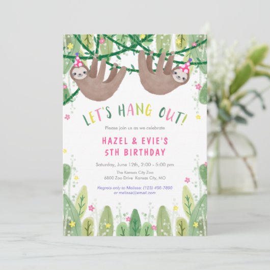 ピンクと白のスロスツインの女の子の誕生日パーティー 招待状 (スタンド正面)