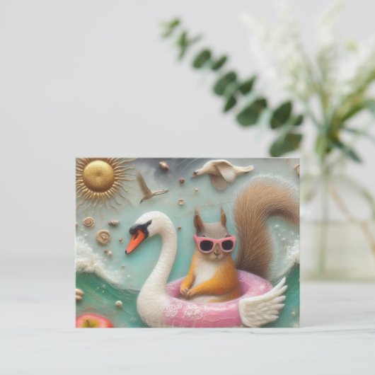 ピンクと白のスワンフラテイにかわいいリス ポストカード (スタンド正面)