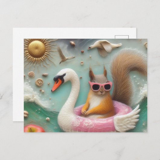 ピンクと白のスワンフラテイにかわいいリス ポストカード (正面/裏面)