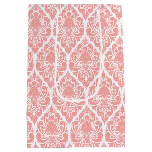 ピンクと白のダマスクのパターン媒体抱き枕 ミディアムペーパーバッグ (裏面)