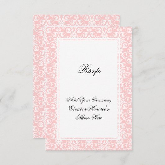 ピンクと白のダマスクのマッチングRSVPカード 出欠カード (正面/裏面)