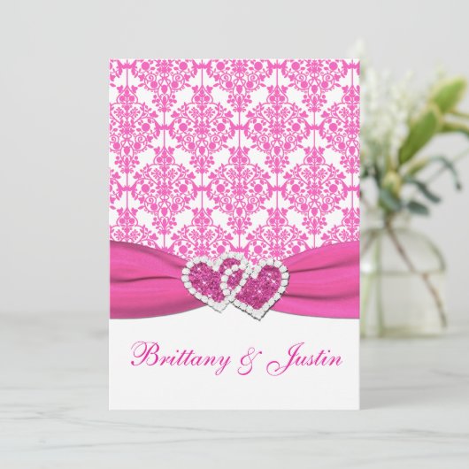 ピンクと白のダマスクウェディング招待状5 x 7 招待状 (スタンド正面)