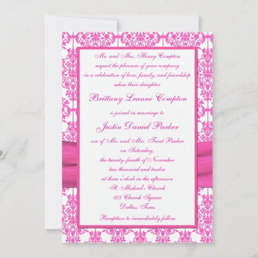 ピンクと白のダマスクウェディング招待状5 x 7 招待状 (裏面)