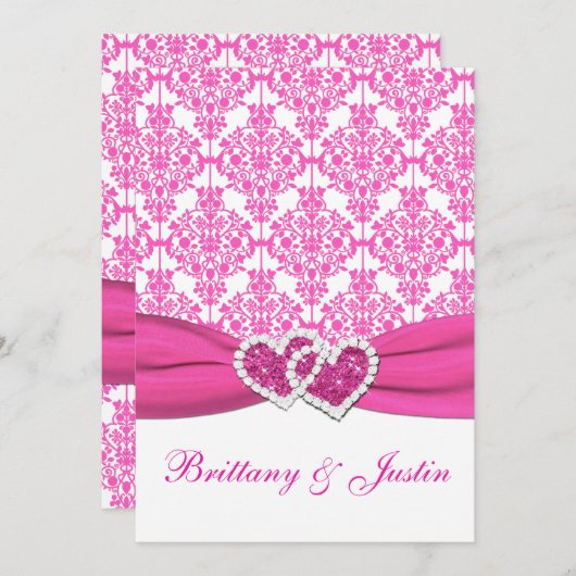 ピンクと白のダマスクウェディング招待状5 x 7 招待状 (正面/裏面)