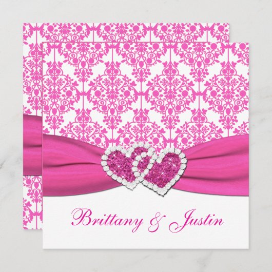 ピンクと白のダマスクウェディング招待状 招待状 (正面/裏面)