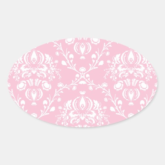 ピンクと白のダマスク 楕円形シール (正面)