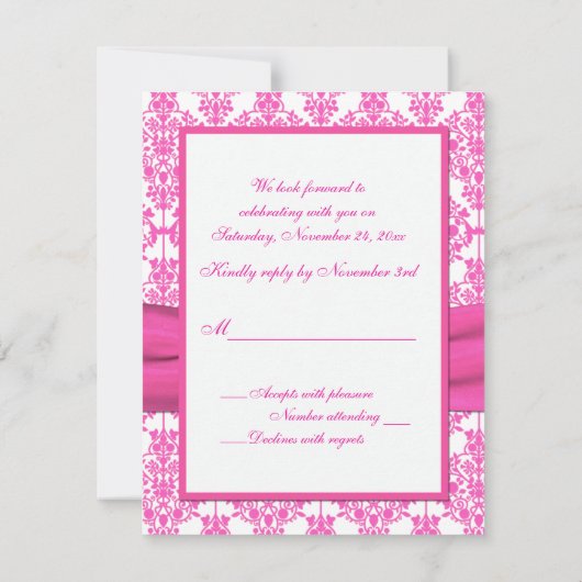 ピンクと白のダマスクRSVPカード – SQには対応していない 出欠カード (裏面)