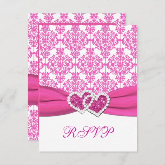 ピンクと白のダマスクRSVPカード – SQには対応していない 出欠カード (正面/裏面)
