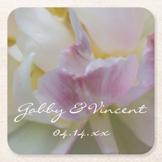 ピンクと白のチューリップフラワー春の結婚式 スクエアペーパーコースター (正面)