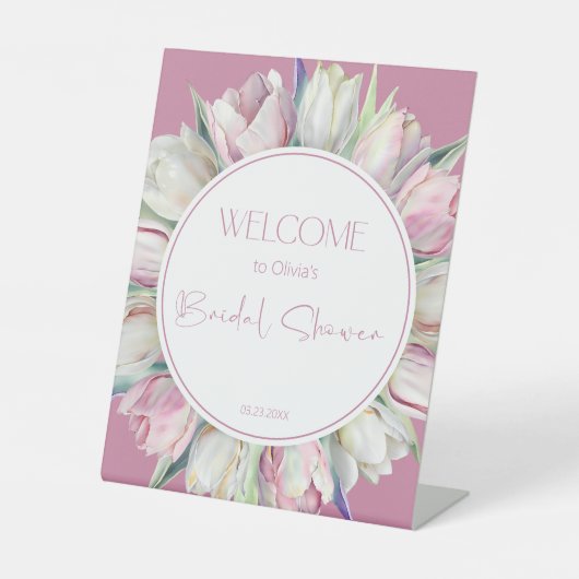 ピンクと白のチューリップブライダルシャワーへようこそ 台座サイン (正面)