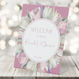 ピンクと白のチューリップブライダルシャワーへようこそ 台座サイン