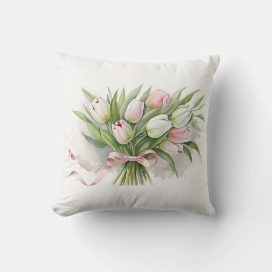 ピンクと白のチューリップブーケ クッション (正面)