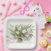 ピンクと白のチューリップブーケ ペーパープレート (パーティー)