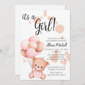 ピンクと白のテディベア赤ちゃんシャワー 招待状 (正面/裏面)