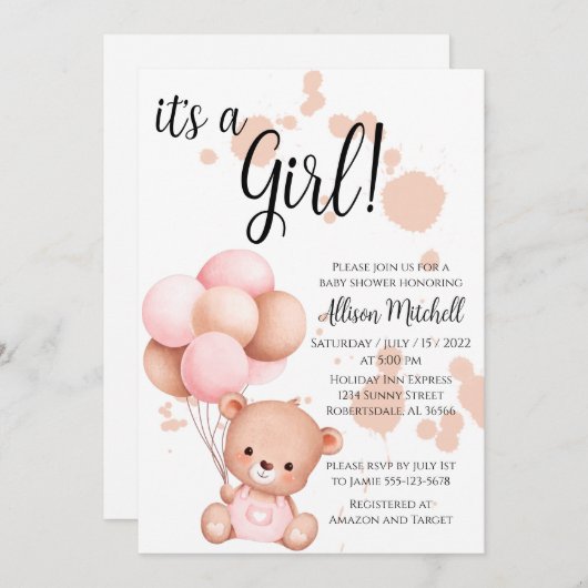 ピンクと白のテディベア赤ちゃんシャワー 招待状 (正面/裏面)