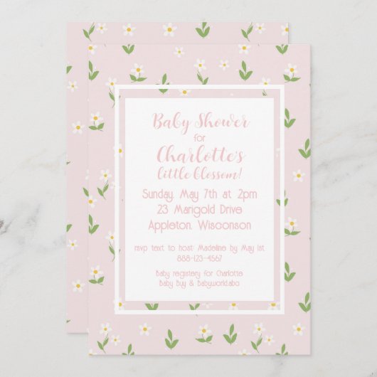 ピンクと白のデイジーの赤ちゃんシャワー 招待状 (正面/裏面)