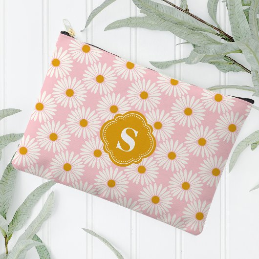ピンクと白のデイジーパターモノグラムのン アクセサリーポーチ