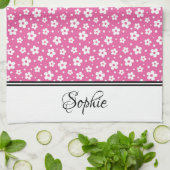 ピンクと白のデイジー パーソナライズされた キッチンタオル (折り畳み)