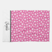 ピンクと白のデイジー パーソナライズされた キッチンタオル (横)