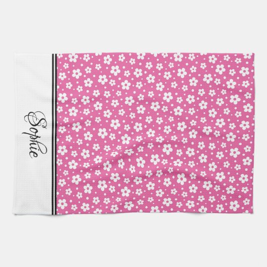 ピンクと白のデイジー パーソナライズされた キッチンタオル (横)