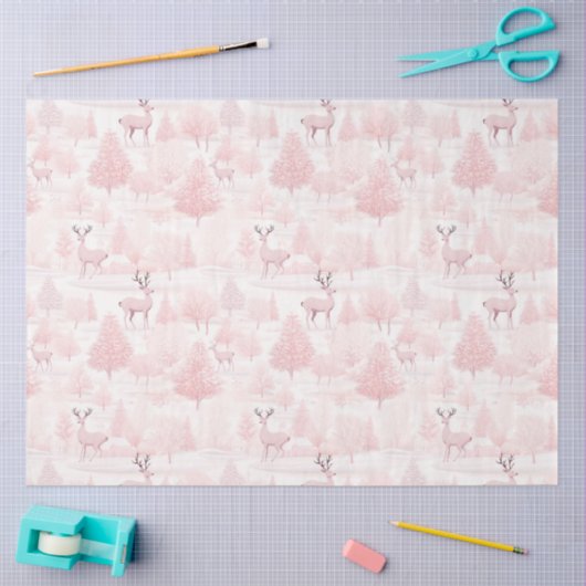 ピンクと白のトナカイと木のクリスマス 薄葉紙 (クラフト)