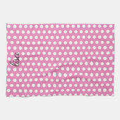ピンクと白のドットの名前トレンディー キッチンタオル (横)