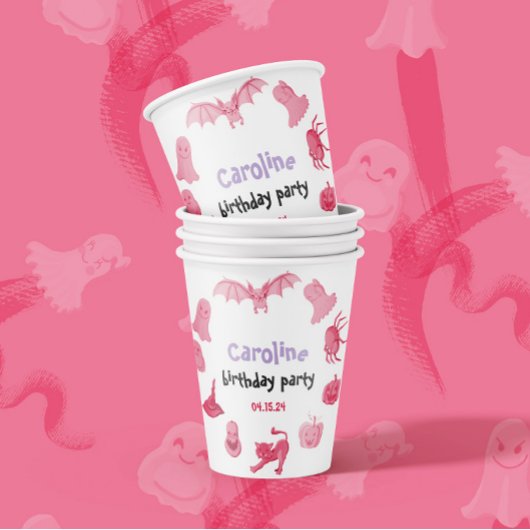 ピンクと白のハロウィーンをテーマにした誕生日パーティー 紙コップ