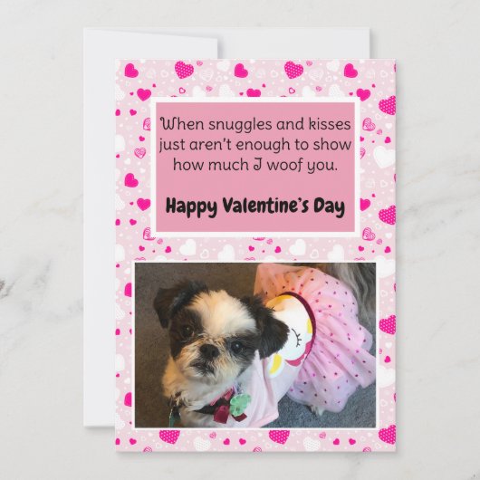ピンクと白のハートかわいい犬のバレンタインデー シーズンカード (正面)
