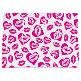 ピンクと白のハートとキス ラージペーパーバッグ