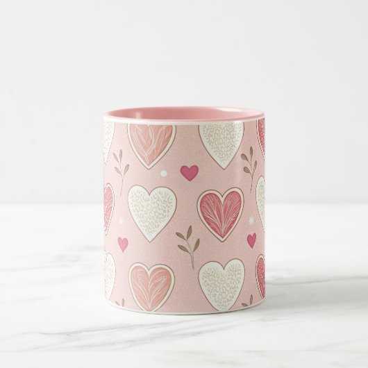 ピンクと白のハートパタンバレンタインデー ツートーンマグカップ (中央)