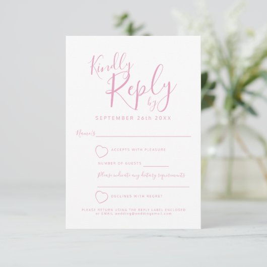 ピンクと白のハート結婚の返信RSVP 出欠カード (スタンド正面)