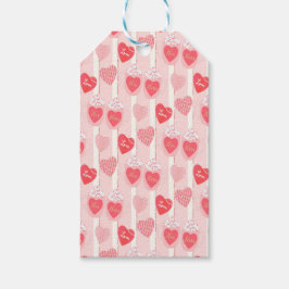 ピンクと白のハート、白いストリーマー ギフトタグ