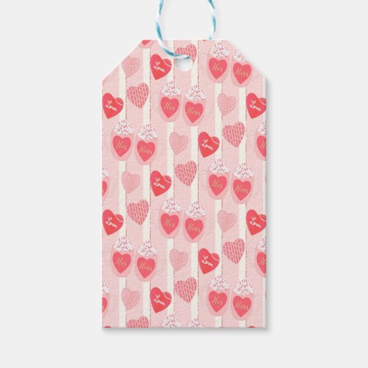 ピンクと白のハート、白いストリーマー ギフトタグ (正面)