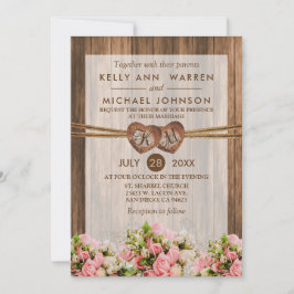 ピンクと白のバラとモノグラムの木のハート 招待状