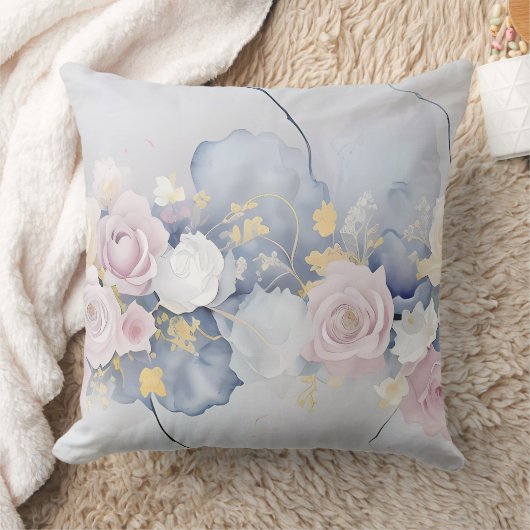 ピンクと白のバラの花とパステルブルー クッション (ブランケット)