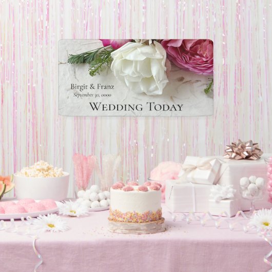 ピンクと白のバラ 横断幕 (パーティー)