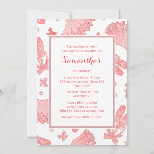 ピンクと白のバレエ誕生日パーティー 招待状 (正面)