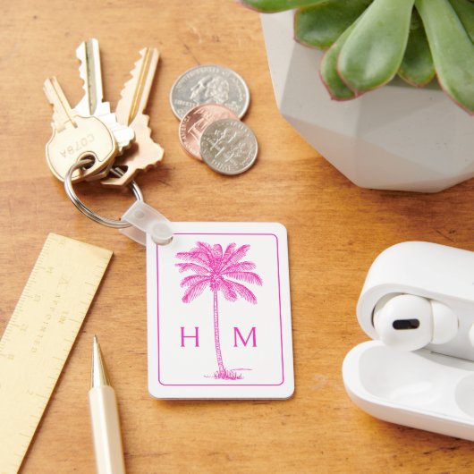 ピンクと白のパームパルメットツリーモノグラム キーホルダー (デスク)