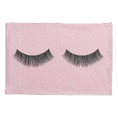 ピンクと白のピンドットパターンの黒まつげ 枕カバー (裏面-左)