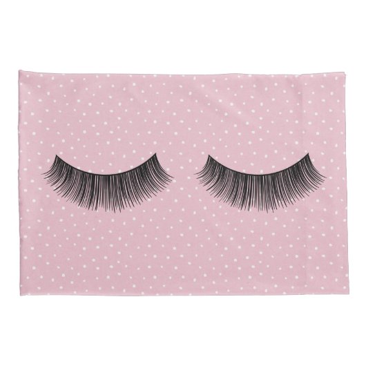 ピンクと白のピンドットパターンの黒まつげ 枕カバー (裏面-右)