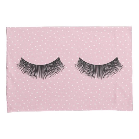ピンクと白のピンドットパターンの黒まつげ 枕カバー (正面右)